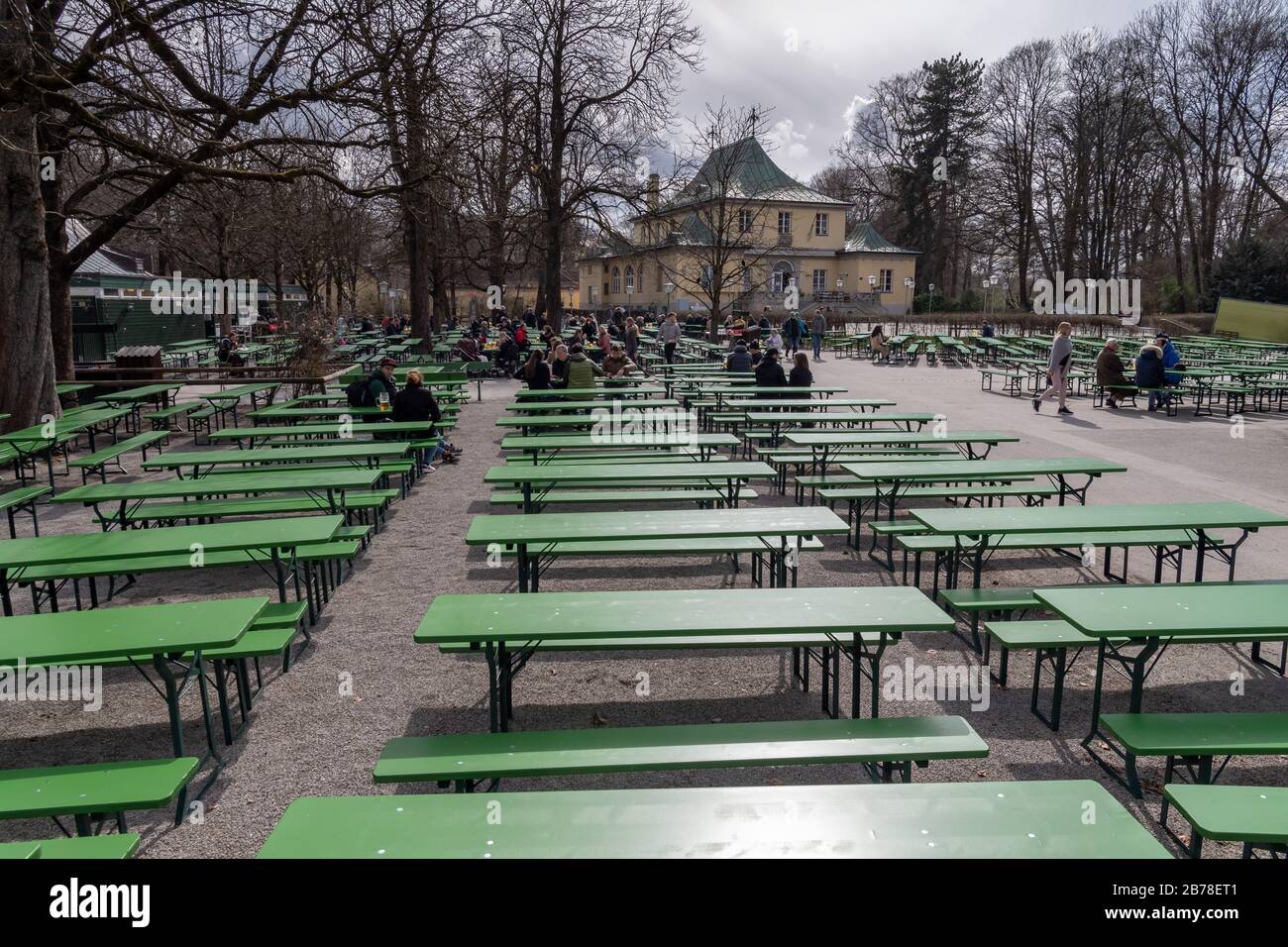 Munich, Germany. 14th Mar, 2020. There are still many free beer benches in the beer garden at the Chinese Tower in the English Garden. Credit: Peter Kneffel/dpa/Alamy Live News Stock Photo