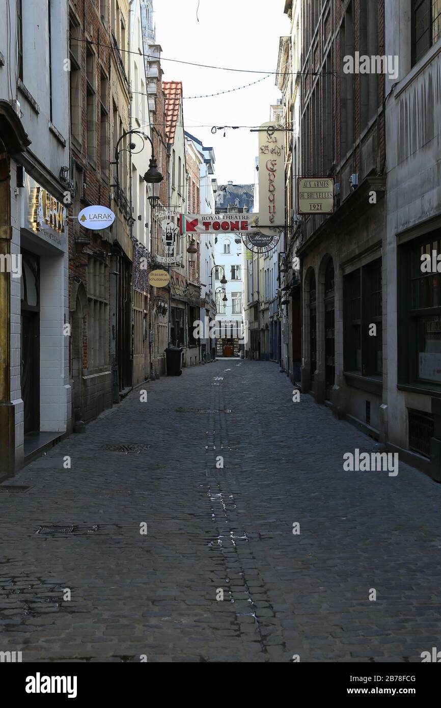 (200314) -- BRUSSELS, March 14, 2020 (Xinhua) -- Photo taken on March 14, 2020 shows an empty street near the Grand Place in Brussels, Belgium. Belgium reported on Friday 160 new COVID-19 infections, bringing the total number of infected people to 559, the Federal Public Service Health announced here at a press conference.    The National Security Council (NSC) of Belgium, the crisis management body of COVID-19, had decided on Thursday evening to suspend classes in schools, to close cafes, bars, restaurants, and ban all sports, cultural and folklore activities.     These measures are aimed at Stock Photo