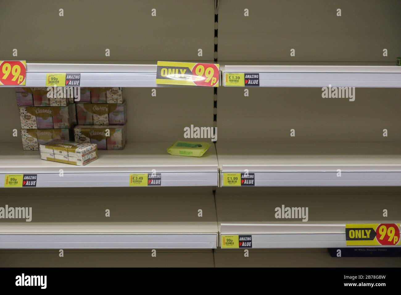 SouthendonSea, UK. 14th Mar. 2020. Empty shop shelfs as people