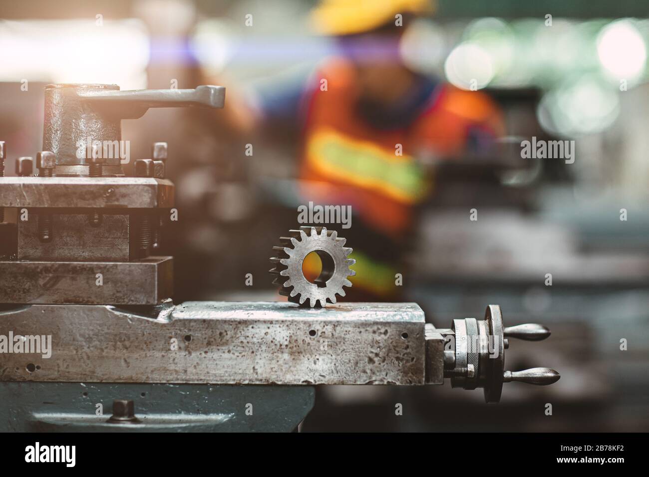 steel gear part in heavy industry from CNC machine. Stock Photo