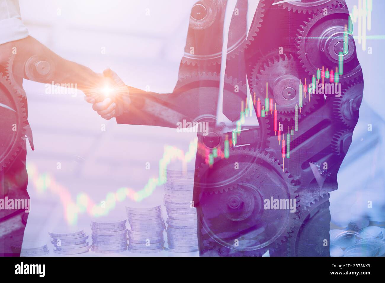 business industry, businessman handshake overlay with machine gear  and stock chat. Stock Photo