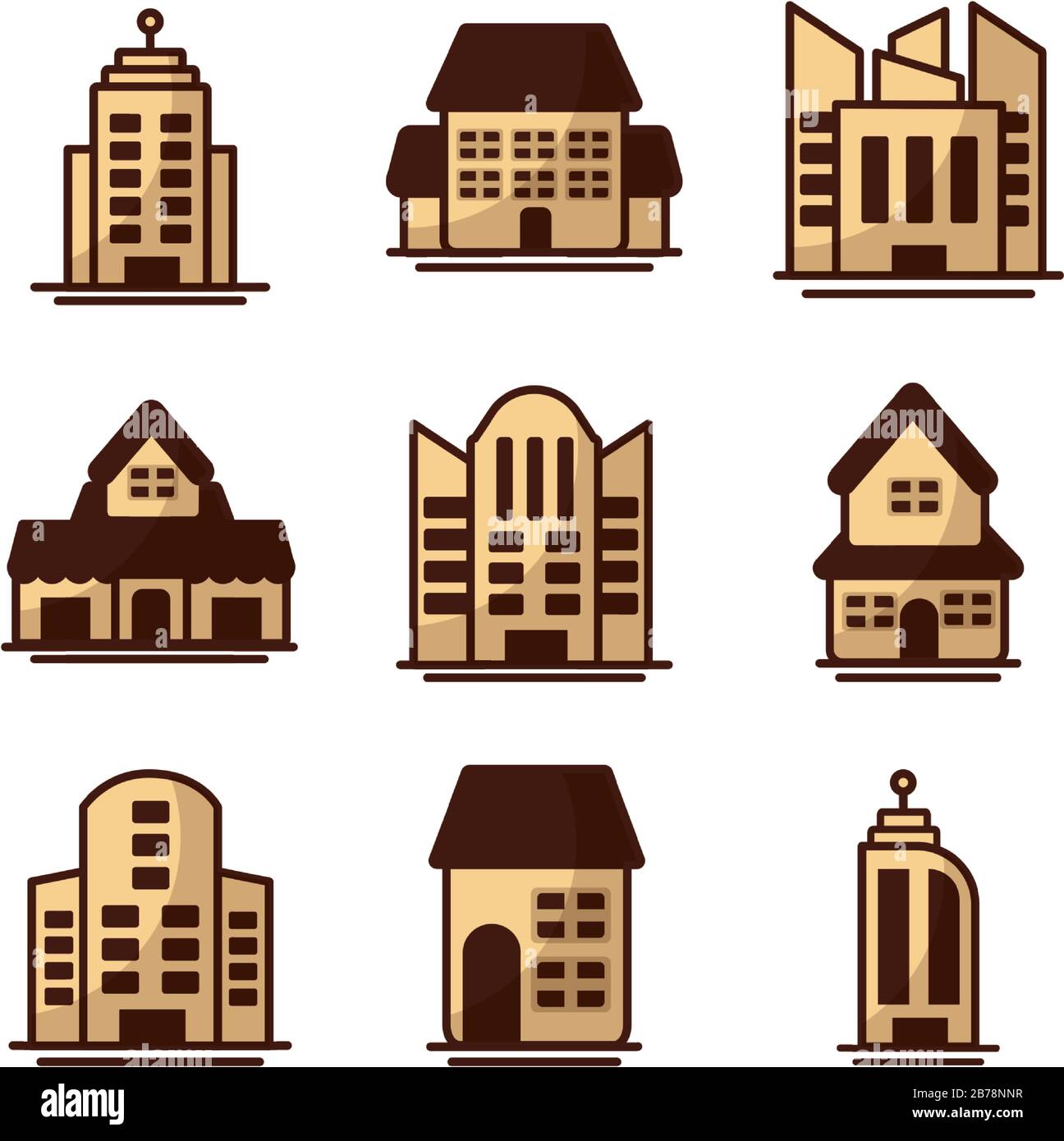 set of icons of towers of apartment, office building and house on white ...