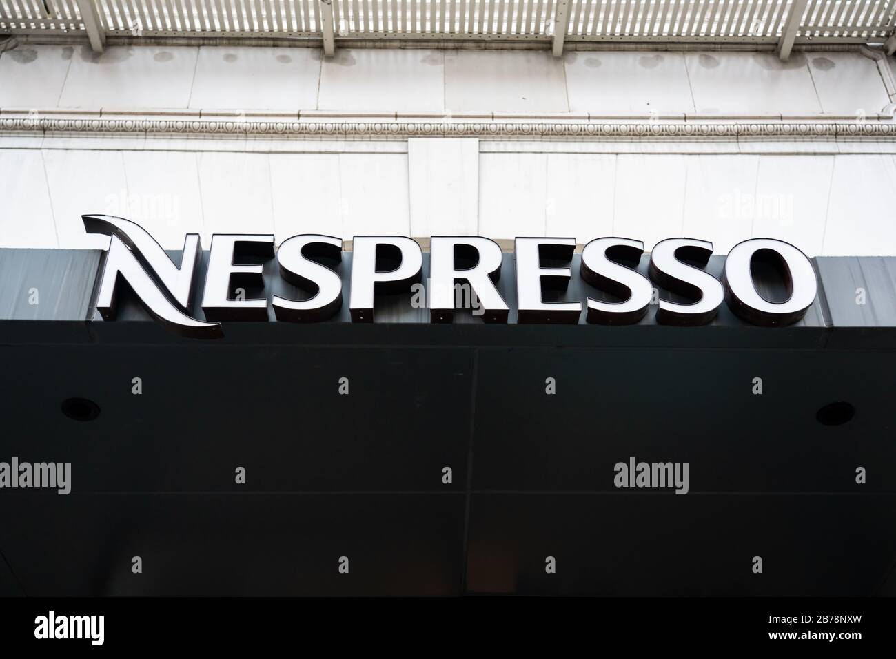 Nespresso logo, A Swiss coffee capsules brand and a unit of the Nestle Group. Stock Photo