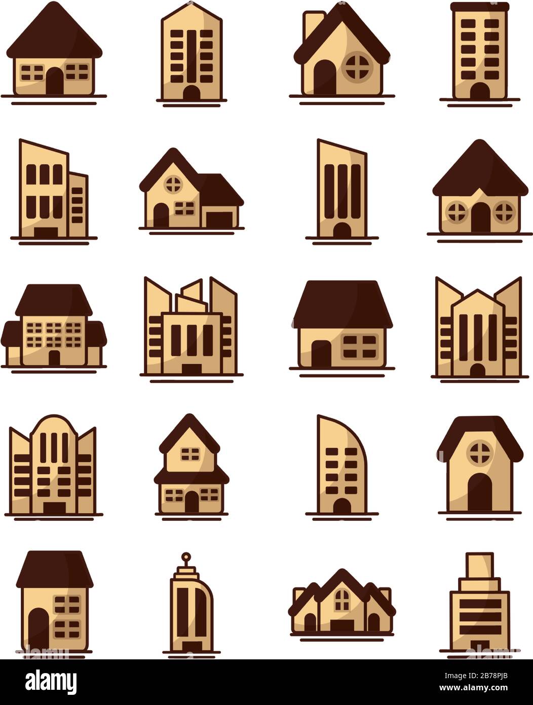 set of icons of towers of apartment, office building and house on white ...