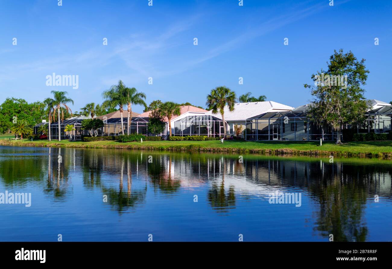 Colour landscape photograph of a gated community in Florida showing