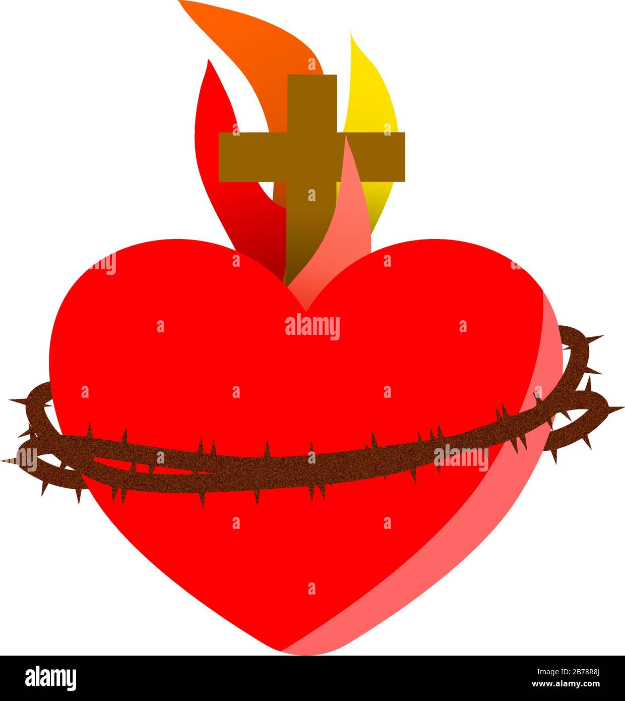 The Sacred Heart of Jesus, wrapped in thorns and showing a cross with flames and fire Stock Vector