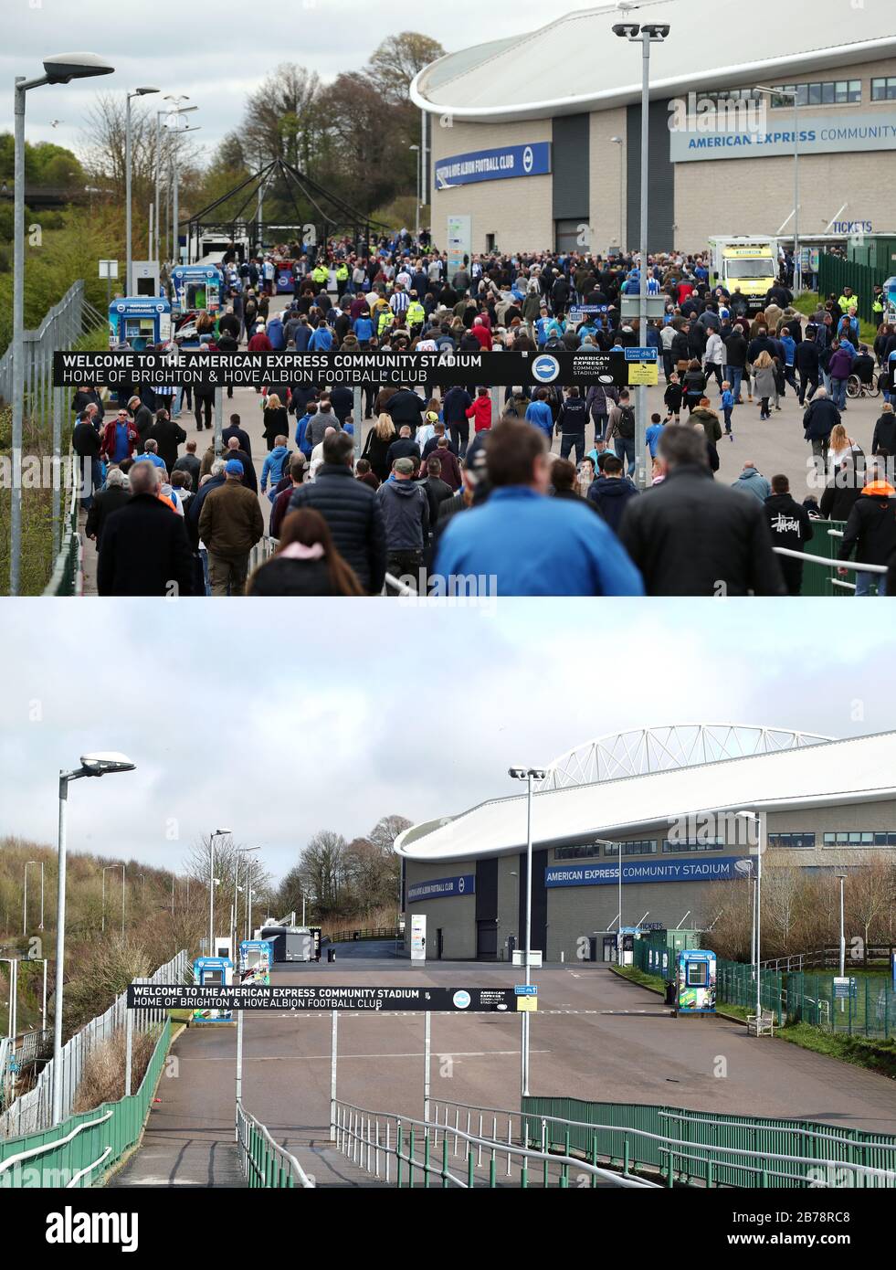A composite photo showing The AMEX Stadium, home of Brighton and Hove Albion on 17-04-2017 (top) and 14-03-2020 (bottom). Stock Photo
