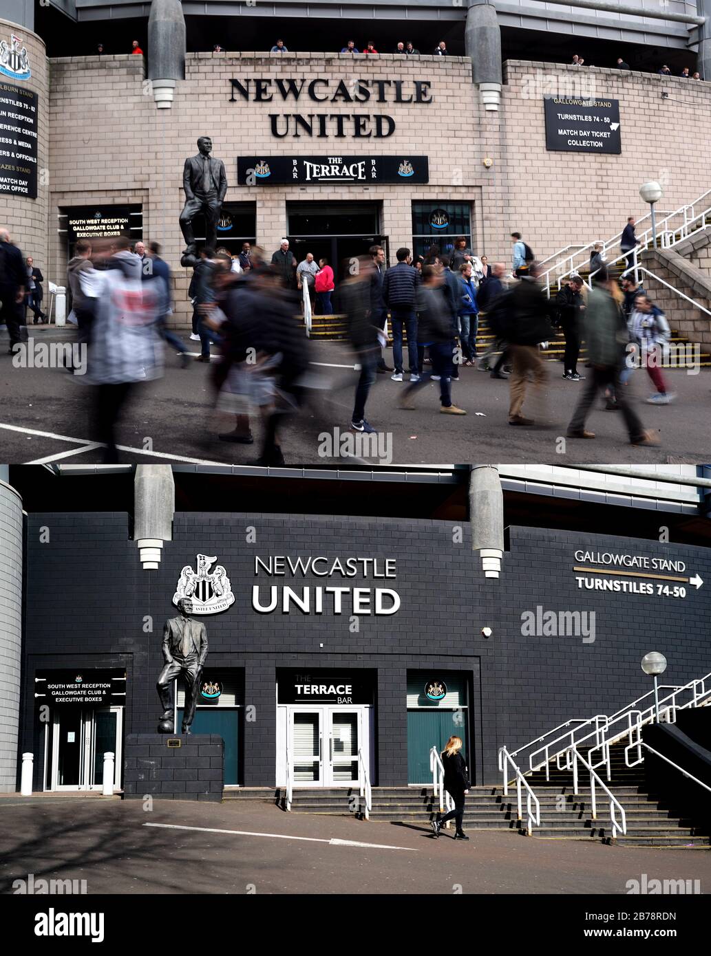 A composite photo showing St James Park, Newcastle United on 01-10-2017 (top) and 14-03-2020 (bottom). Stock Photo