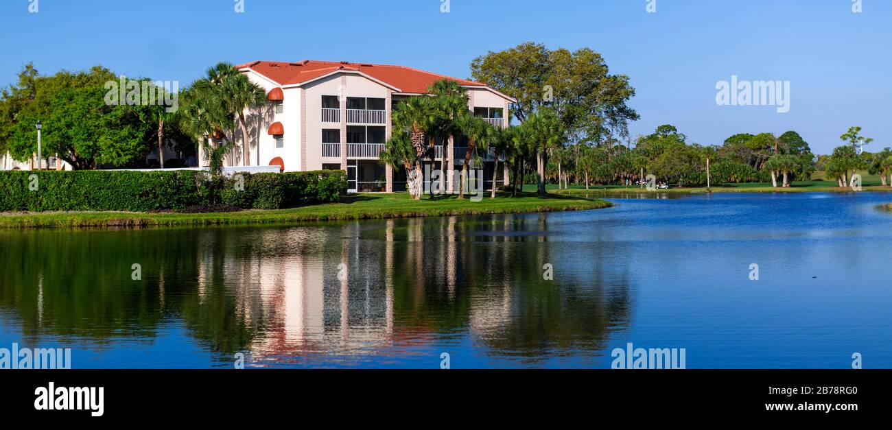 Colour landscape photograph of a gated community in Florida showing