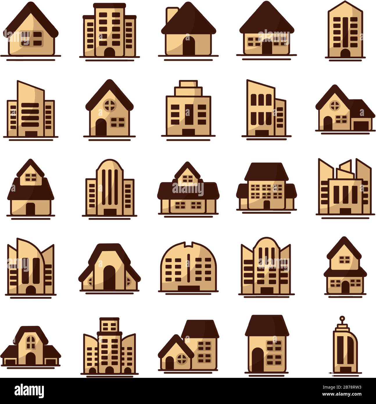 set of icons of towers of apartment, office building and house on white ...