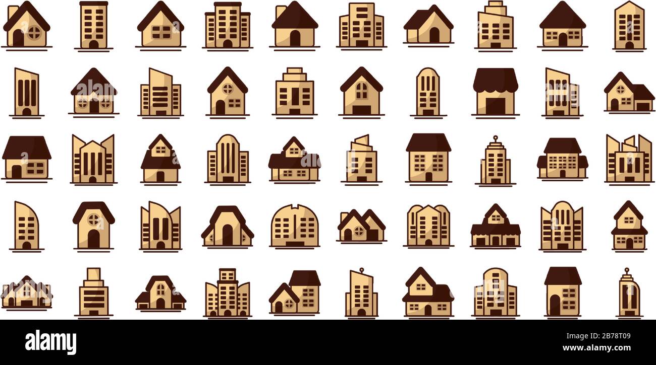 set of icons of towers of apartment, office building and house on white ...