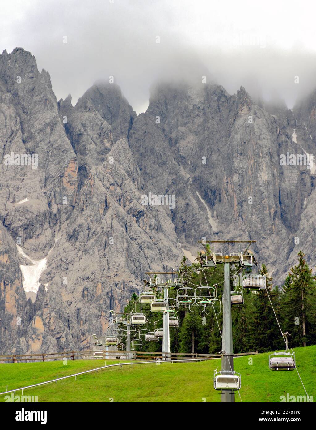 chair lift and mountain Haunold, a mountain of the sextner dolomites, Italy Stock Photo