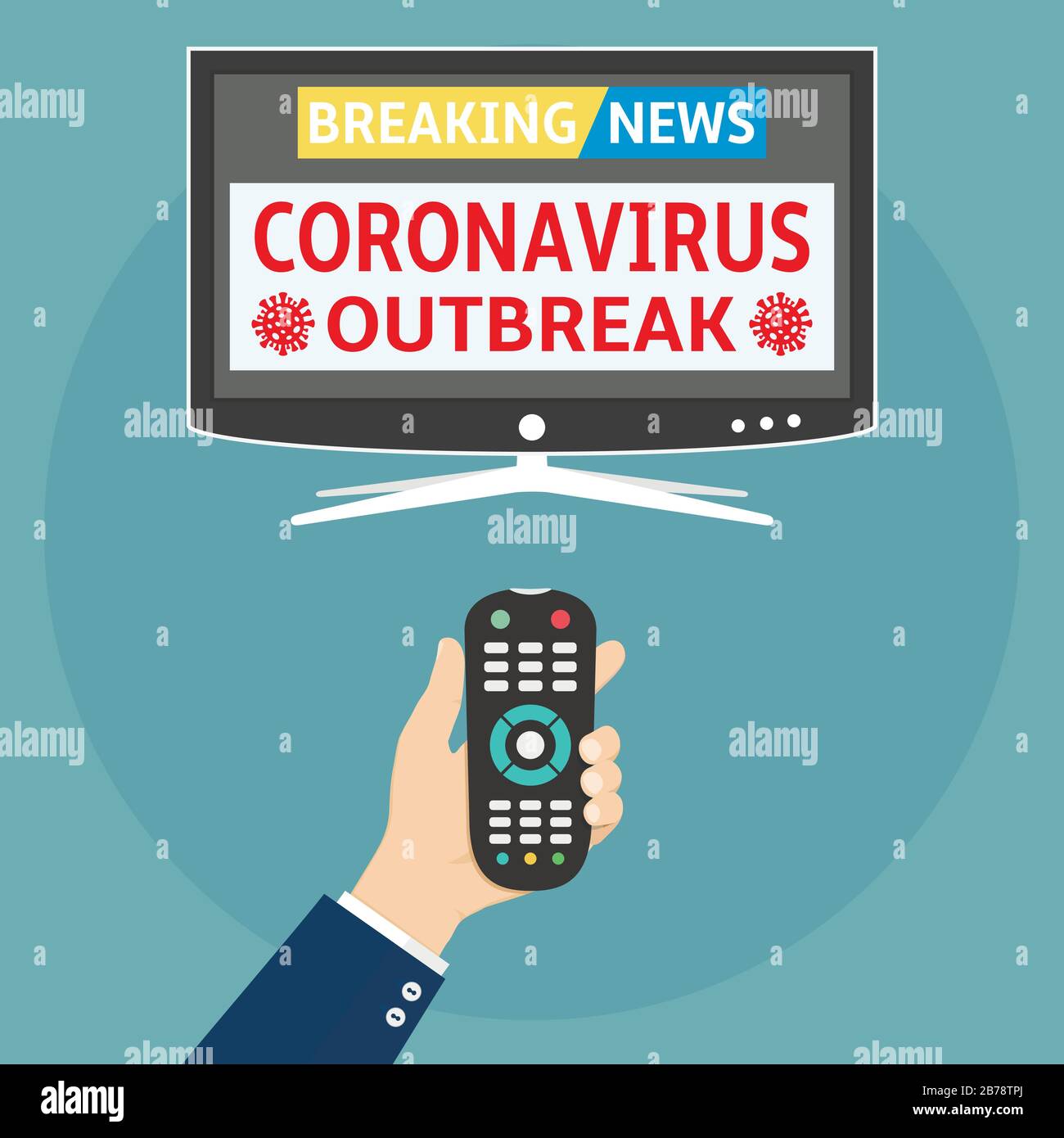 Coronavirus covid 19 breaking news flat design concept. Human holding remote control and watch smart tv with coronavirus outbreak breaking news. Stock Vector