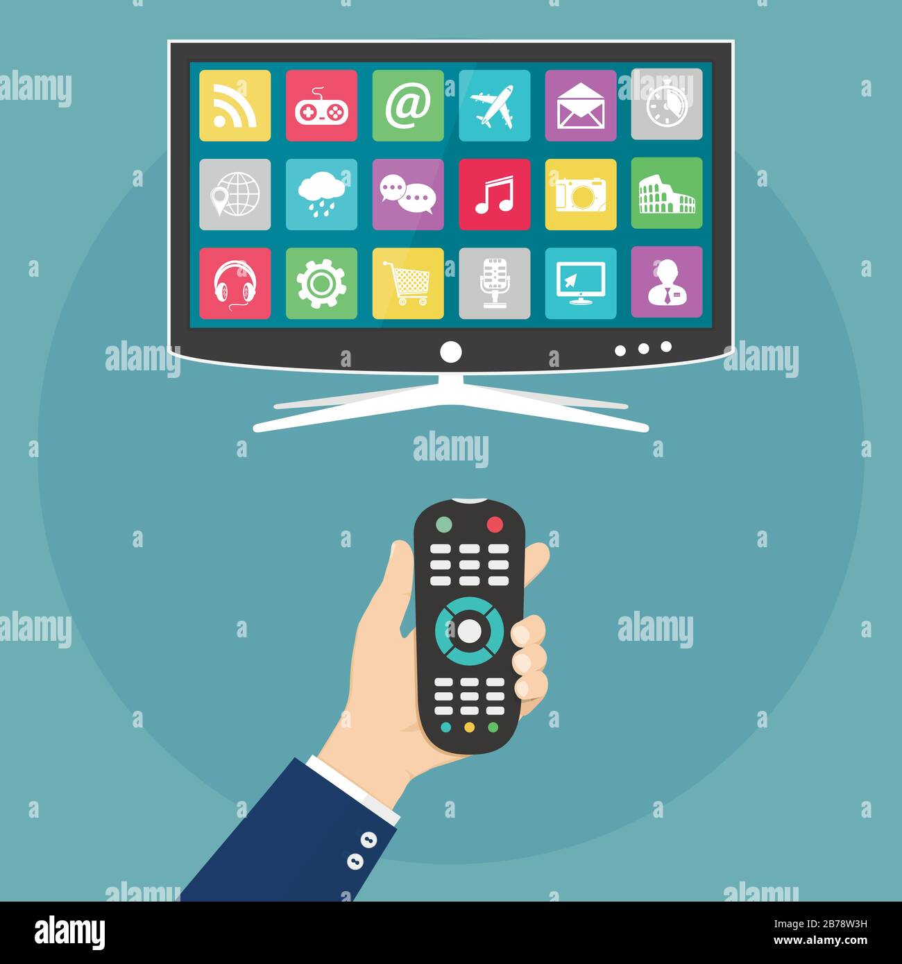 Hand holding remote control and smart tv with apps icons on screen Stock Vector