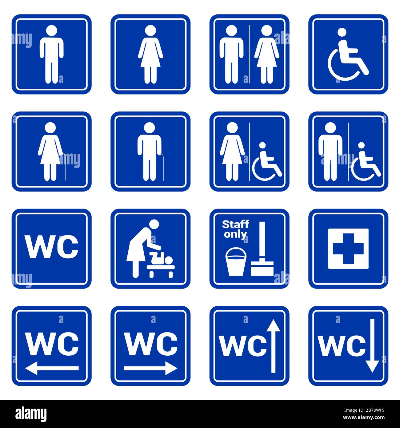 Set of vector white toilet symbols icons on a blue background. WC pictogram, man, woman, handicap, staff, nursery, first aid. Squared icon with border Stock Vector