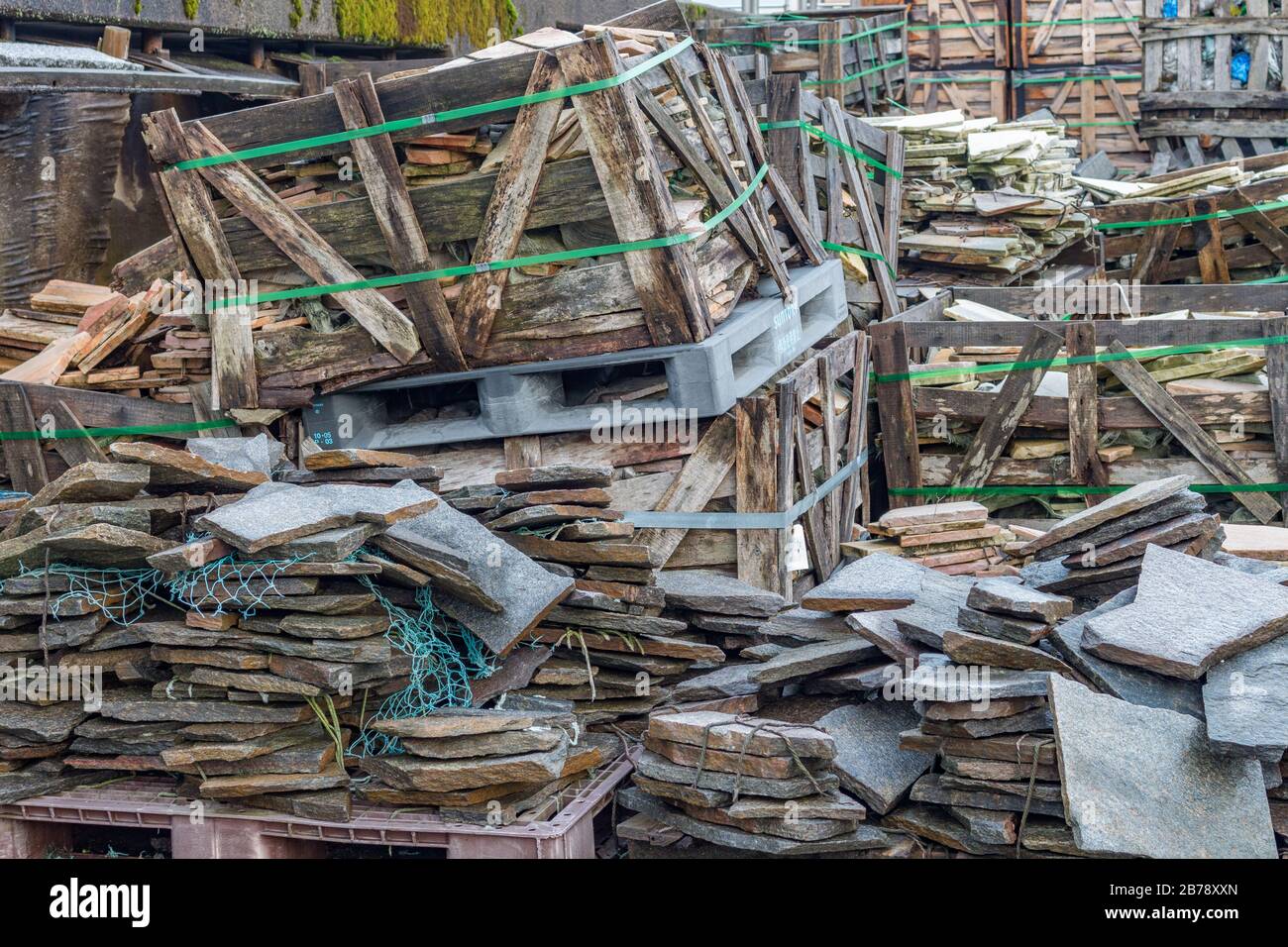 Scrap wood and stone at a builders yard, Kanazawa, Japan Stock Photo
