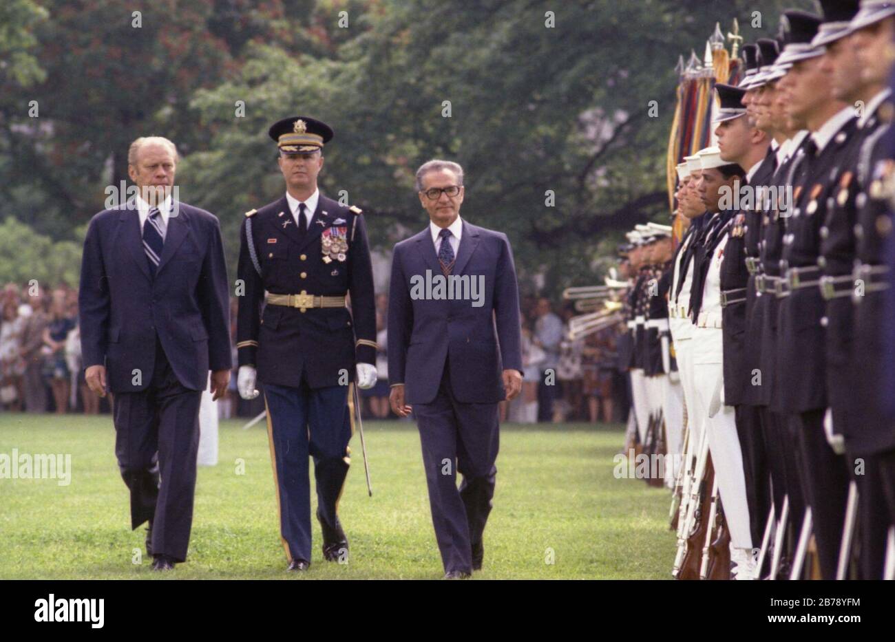 Gerald Ford and Mohammad Reza Shah Pahlavi Whitehouse South Lawn. Stock Photo