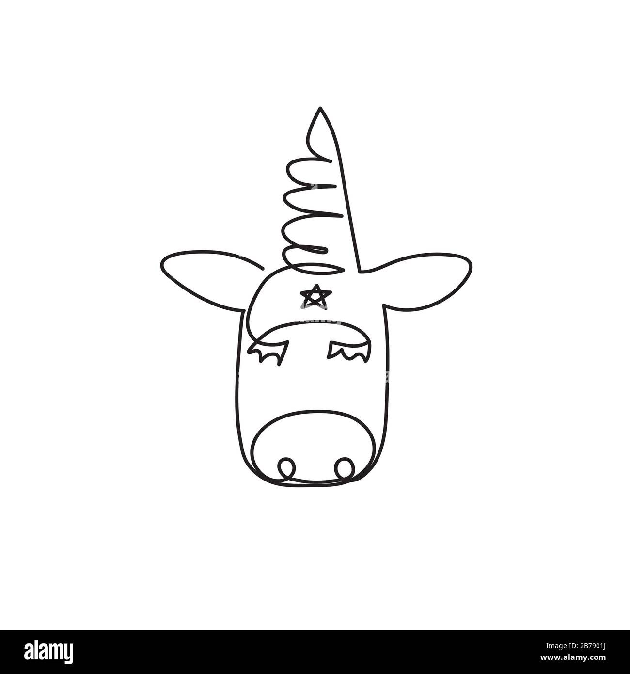 Head of unicorn, hand drawn with continuous line cute sketch of baby animal, vector illustration Stock Vector