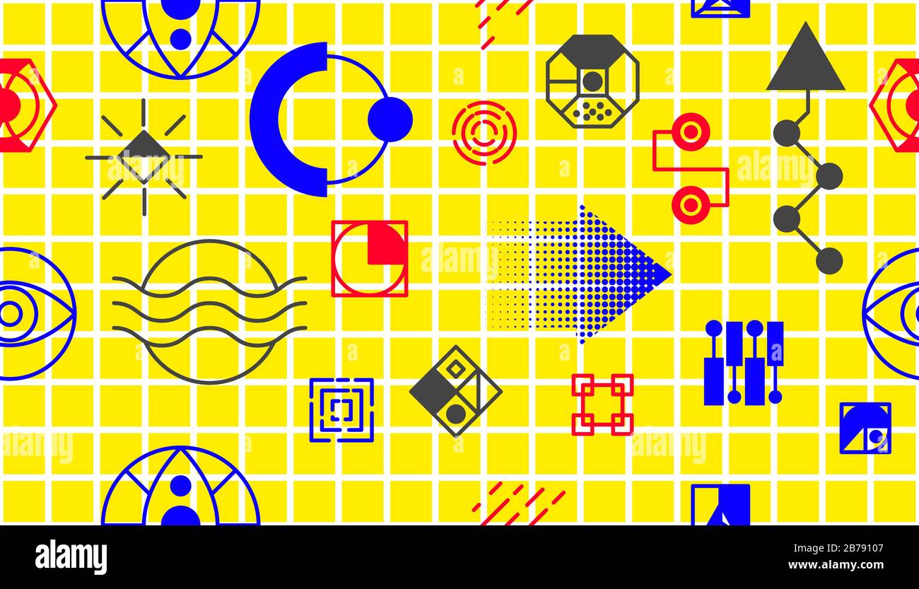 Memphis shapes on yellow background. Seamless vector pattern. Memphis pattern background. Vintage pattern. Retro fashion style 80s. Texture with grid Stock Vector