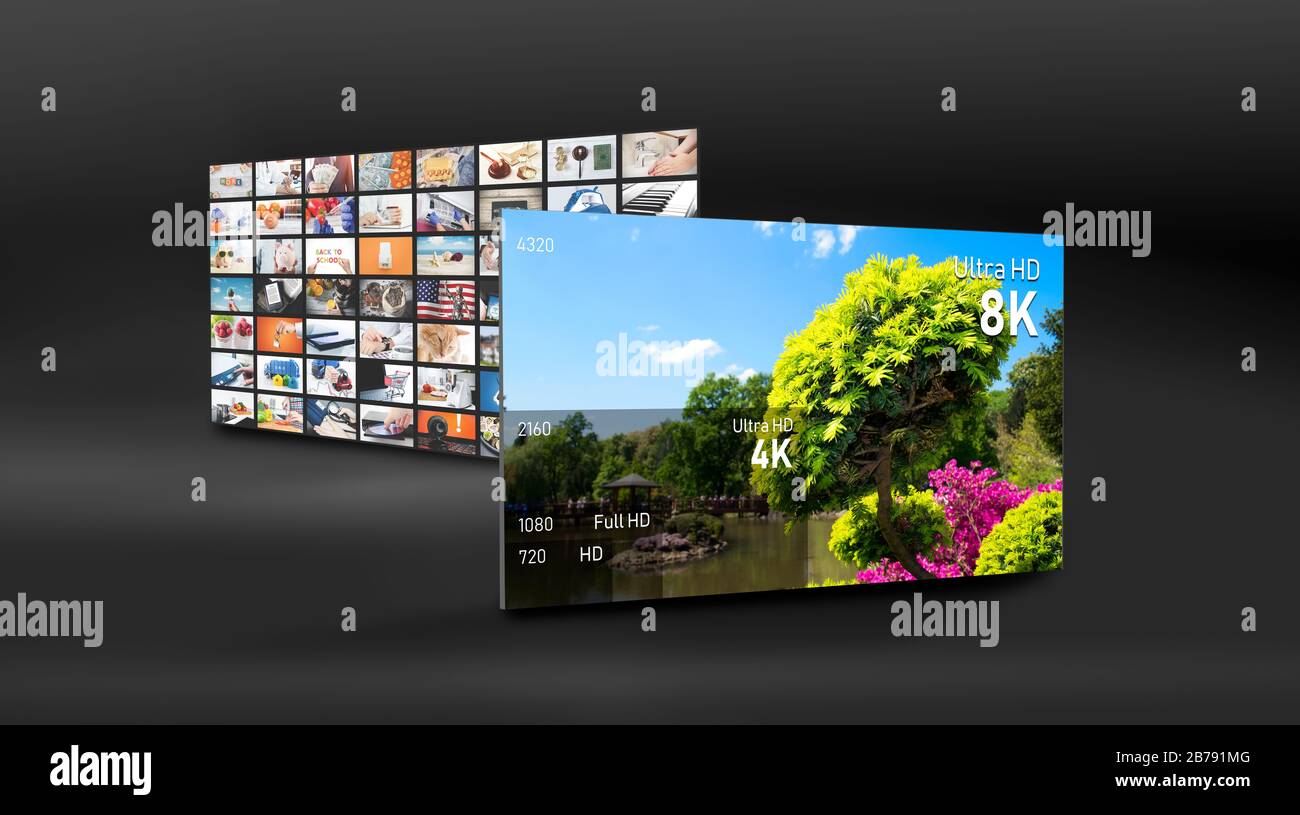 8K resolution display with comparison of resolutions. TV screen panel conceptual graphic Stock Photo
