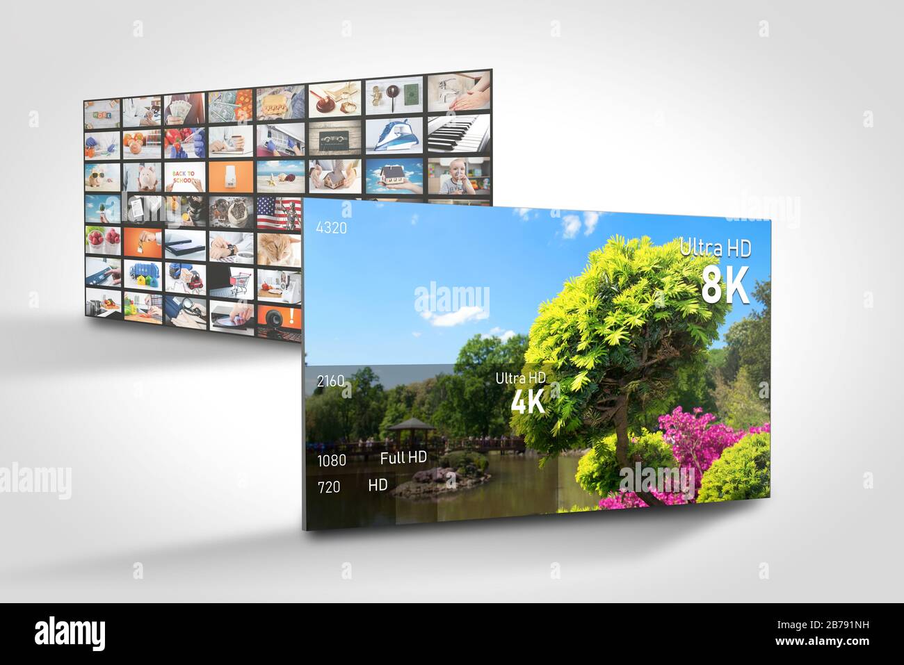 8K resolution display with comparison of resolutions. TV screen panel conceptual graphic Stock Photo