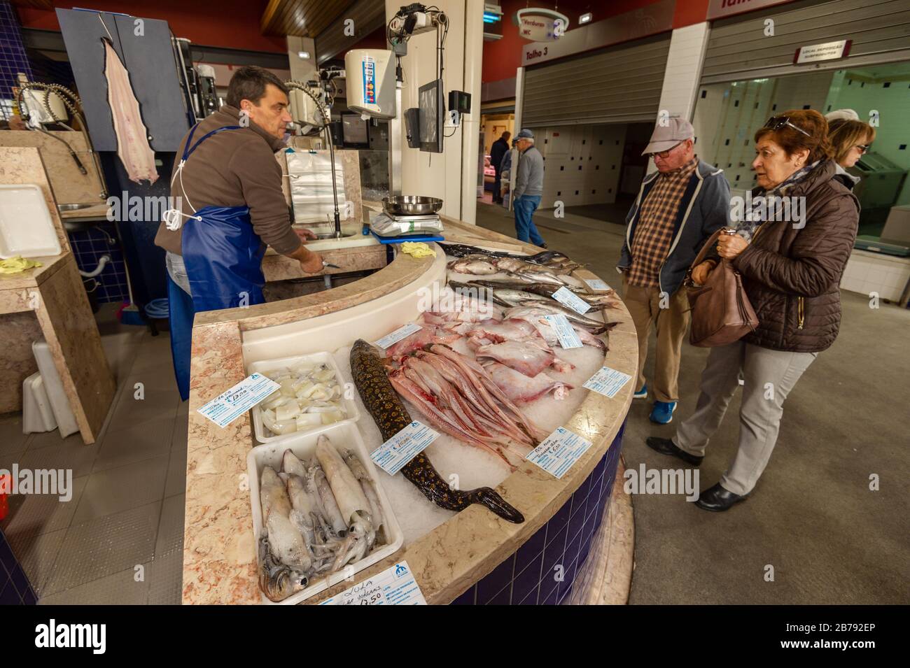 Lagos, Portugal - 5 March 2020: Selling and buying fresh fish at Lagos municipal marketplace Stock Photo