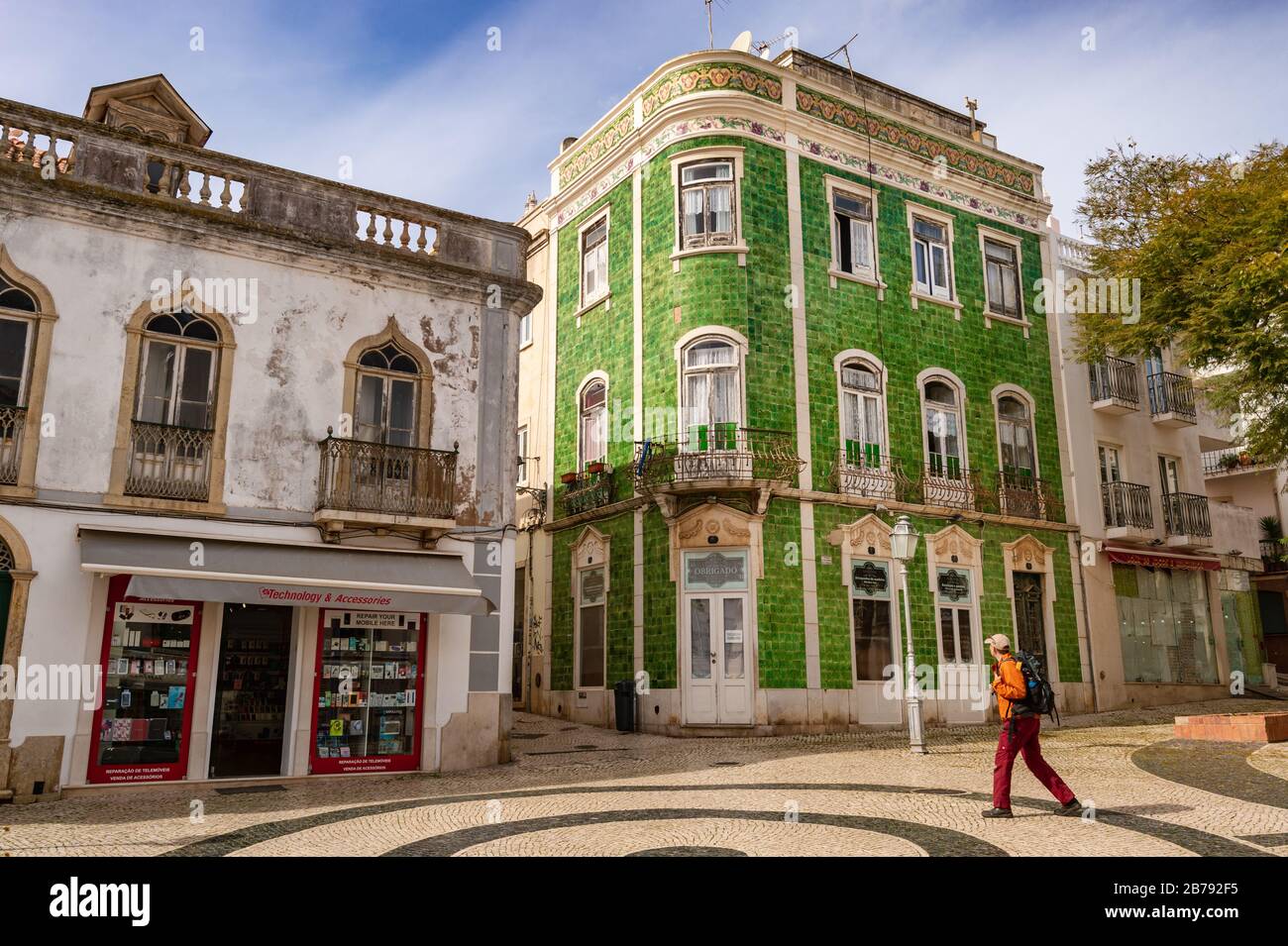 Lagos, Portugal - 5 March 2020: House with green ceramic tiles at the Praca de Camoes Stock Photo