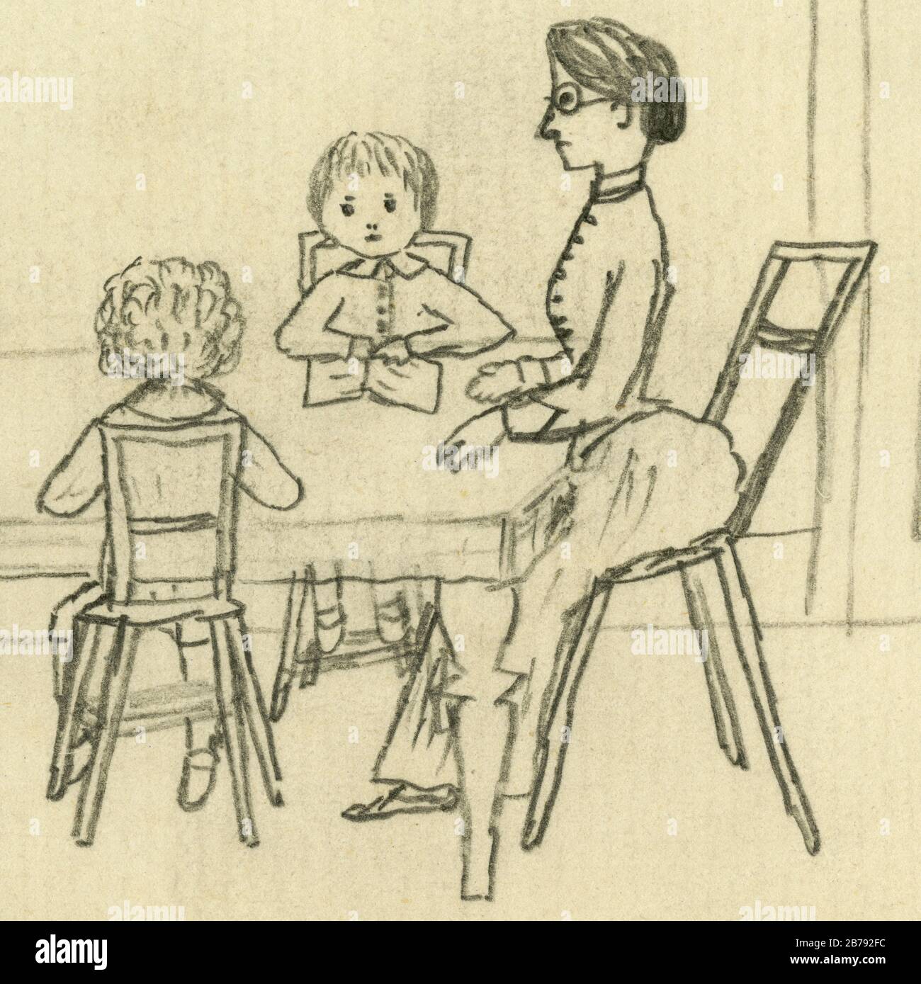 Education at home circa 1882.  Straight-backed governess in spectacles with two attentive young students. Detail from a pencil drawing created in or around 1882 by a Victorian child living in England: May Chatteris Fisher (1874 - 1910), who became a professional artist when she grew up. Stock Photo