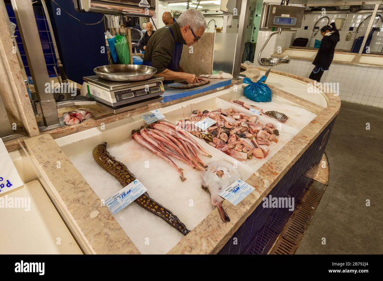 Lagos, Portugal - 5 March 2020: Selling and buying fresh fish at Lagos municipal marketplace Stock Photo