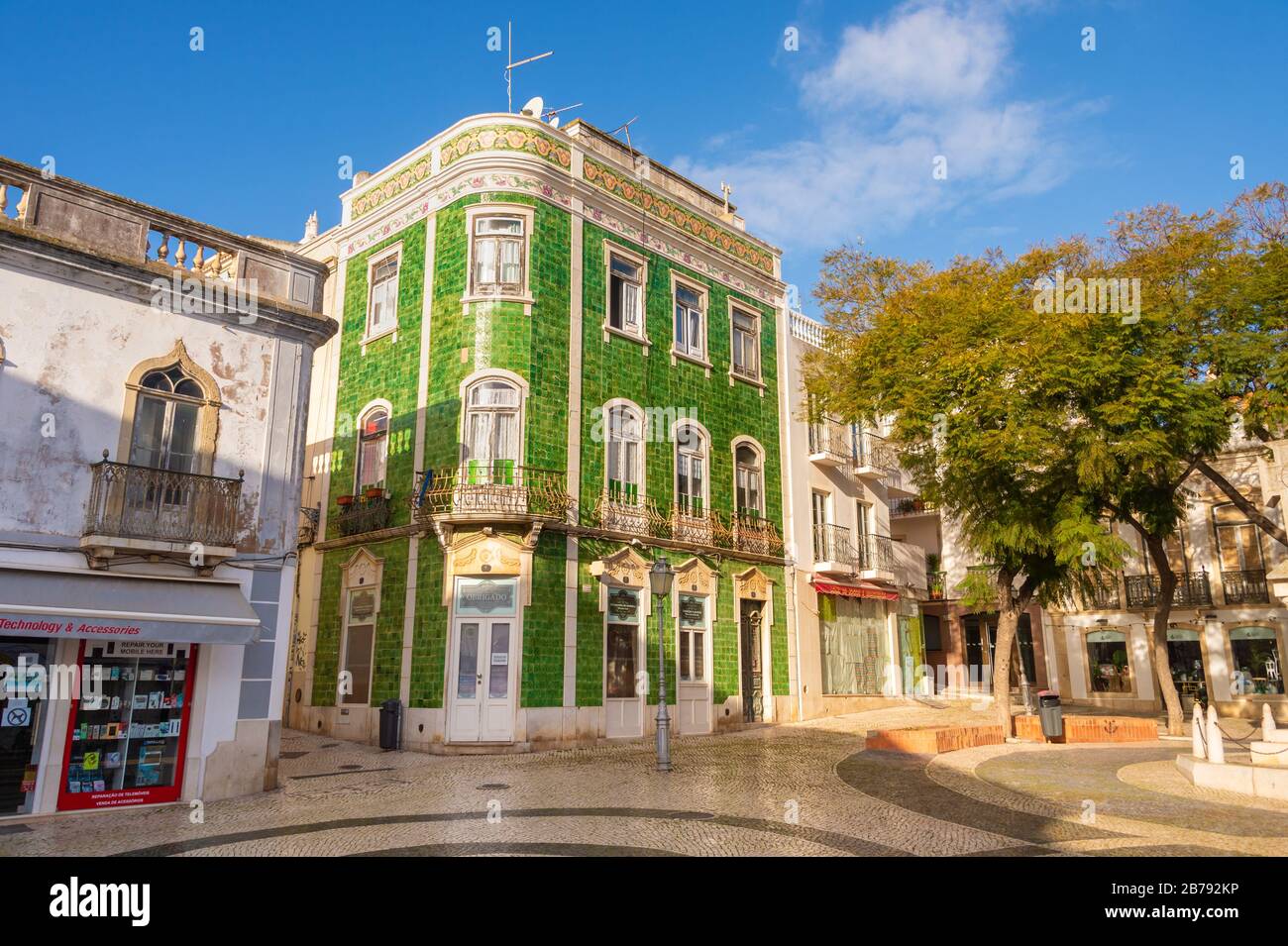 Lagos, Portugal - 5 March 2020: House with green ceramic tiles at the Praca de Camoes Stock Photo
