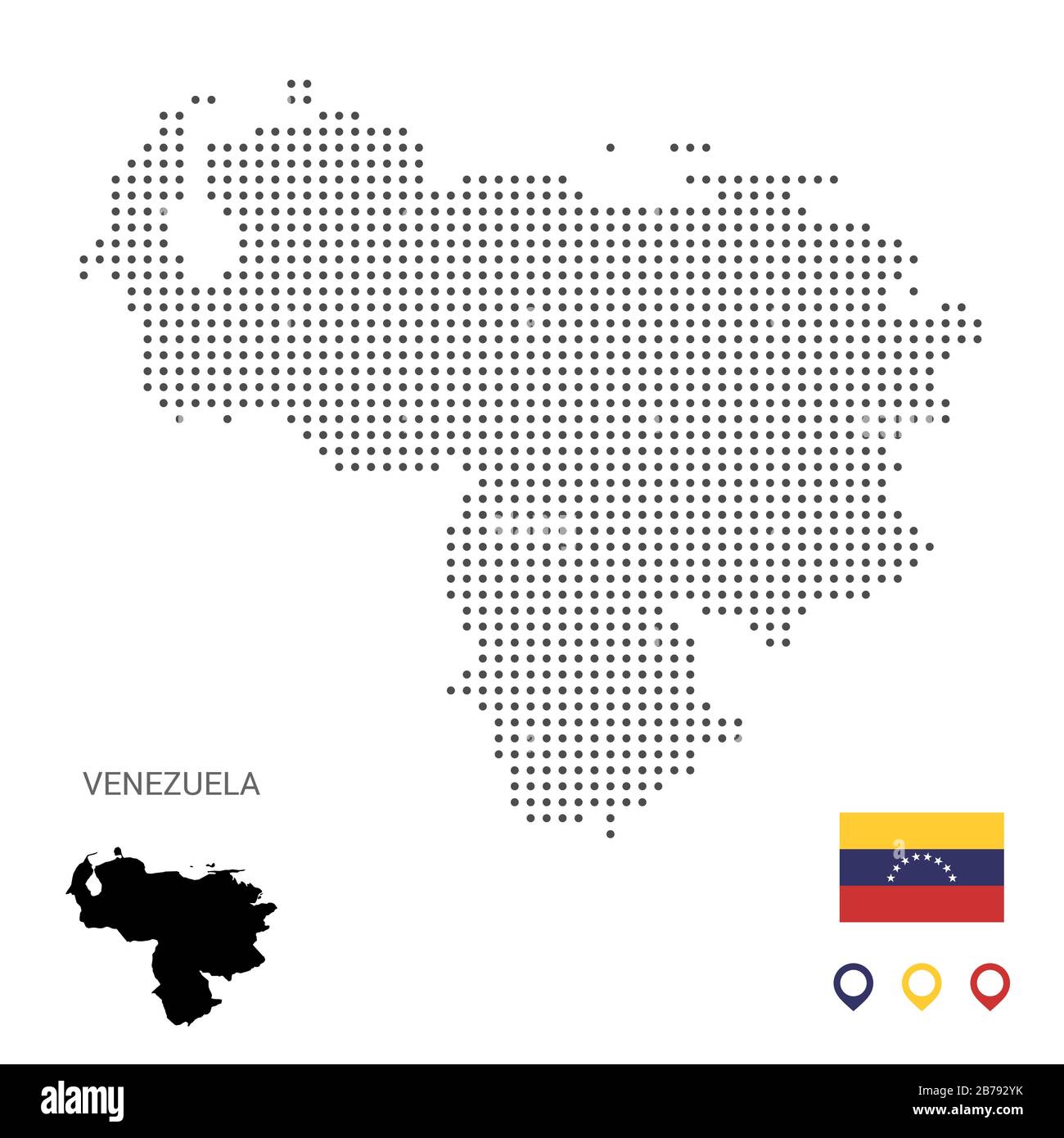 Dotted vector map of Venezuela. Round gray spots. Venezuela map with national flag and map icons. Black silhouette Stock Vector