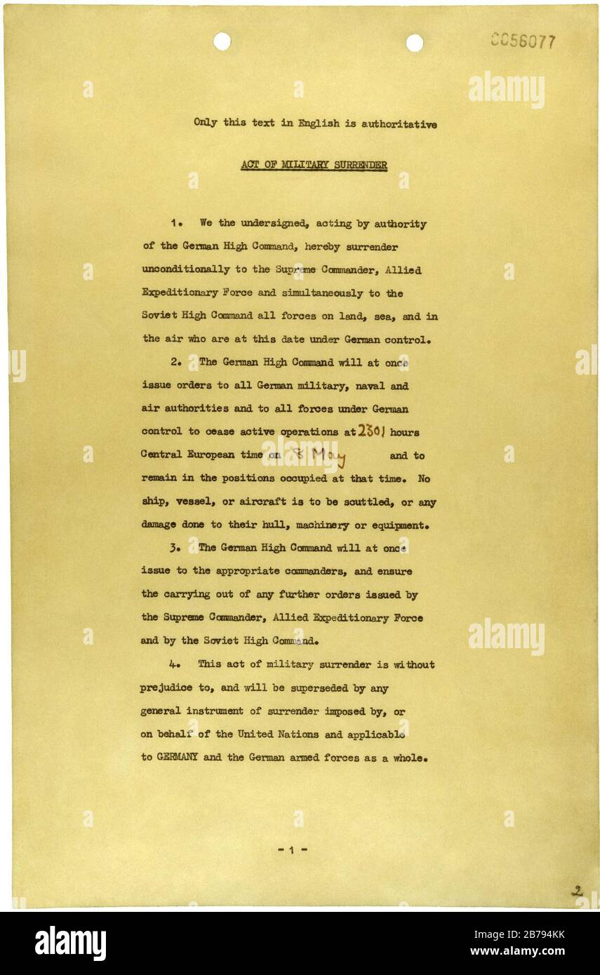 German Instrument of Surrender (May 7, 1945) - page 1 Stock Photo - Alamy