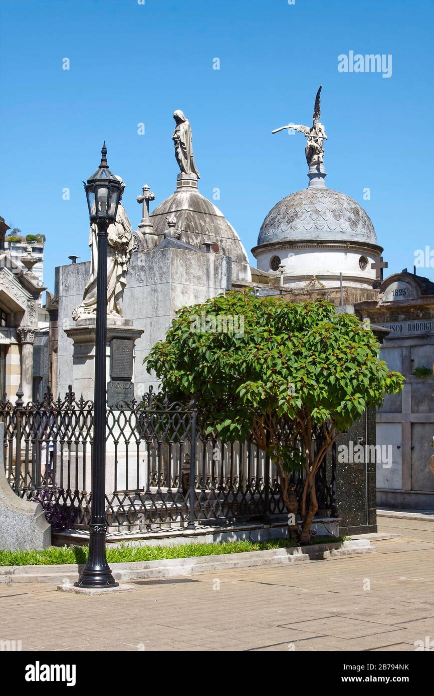 Recoleta Cemetery; imposing mausoleums; statues; vaults, burial place; graves; South America; Buenos Aires; Argentina; summer Stock Photo