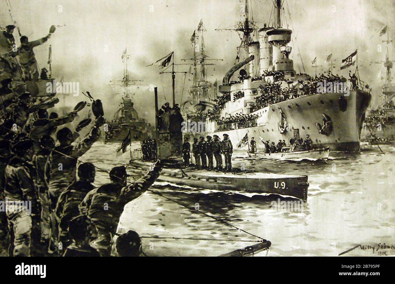 German submarine U-9, on return Wilhelmshaven, Germany, Artwork by Willy Stower, 1914 (30175417300). Stock Photo