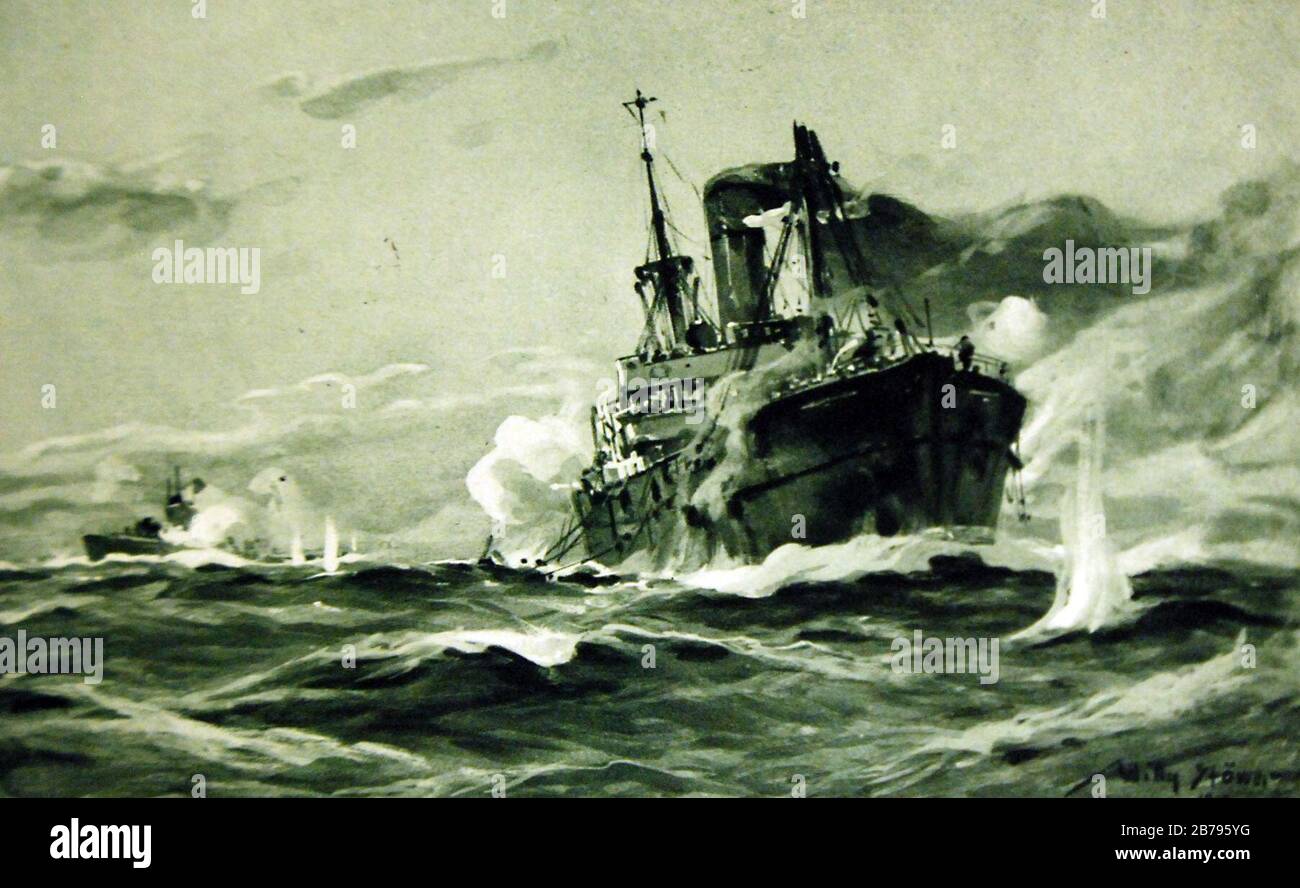 German U-Boat battles an armed merchant ship, artwork by Willy Stower, 1917 (33094644745). Stock Photo