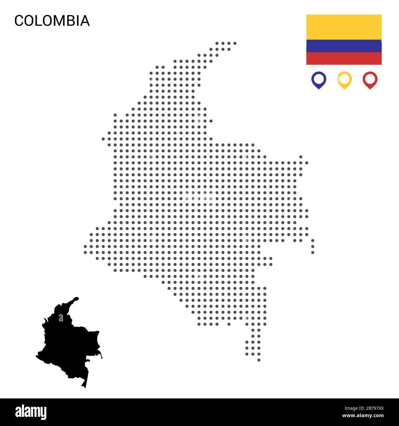 Dotted vector map of Colombia. Round gray spots. Colombia map with national flag and map icons. Black silhouette Stock Vector