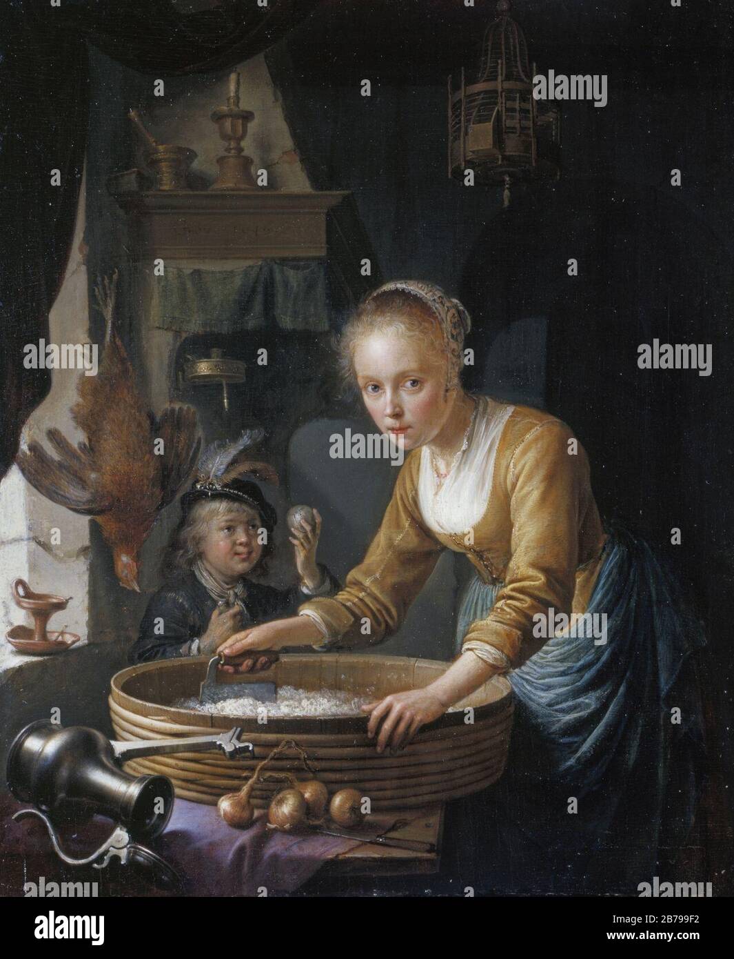 Gerrit Dou 1646 painting Girl Chopping Onions Stock Photo - Alamy, image size:1065x1390