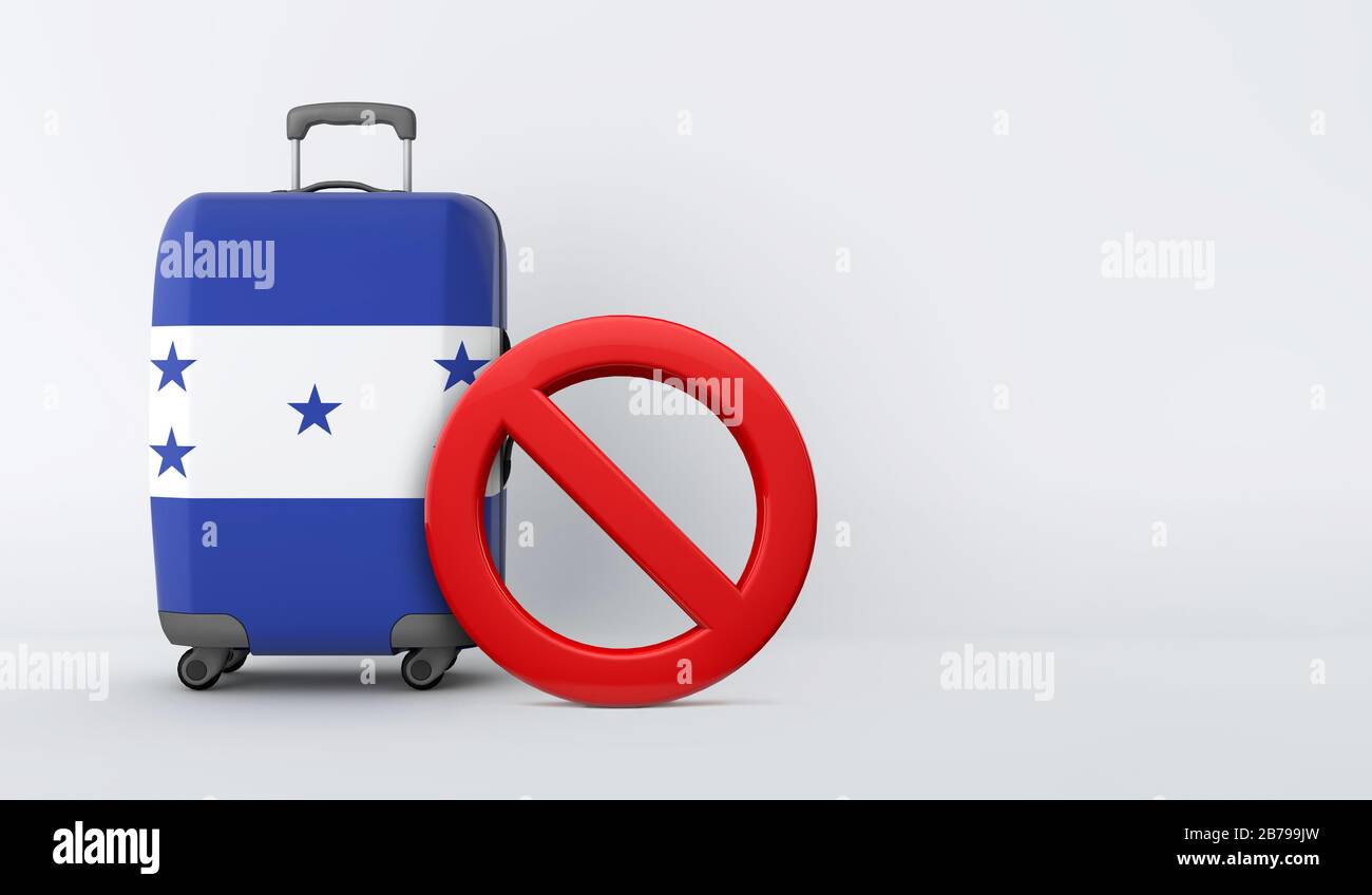 Honduras flag suitcase with no entry sign. Travel ban concept. 3D