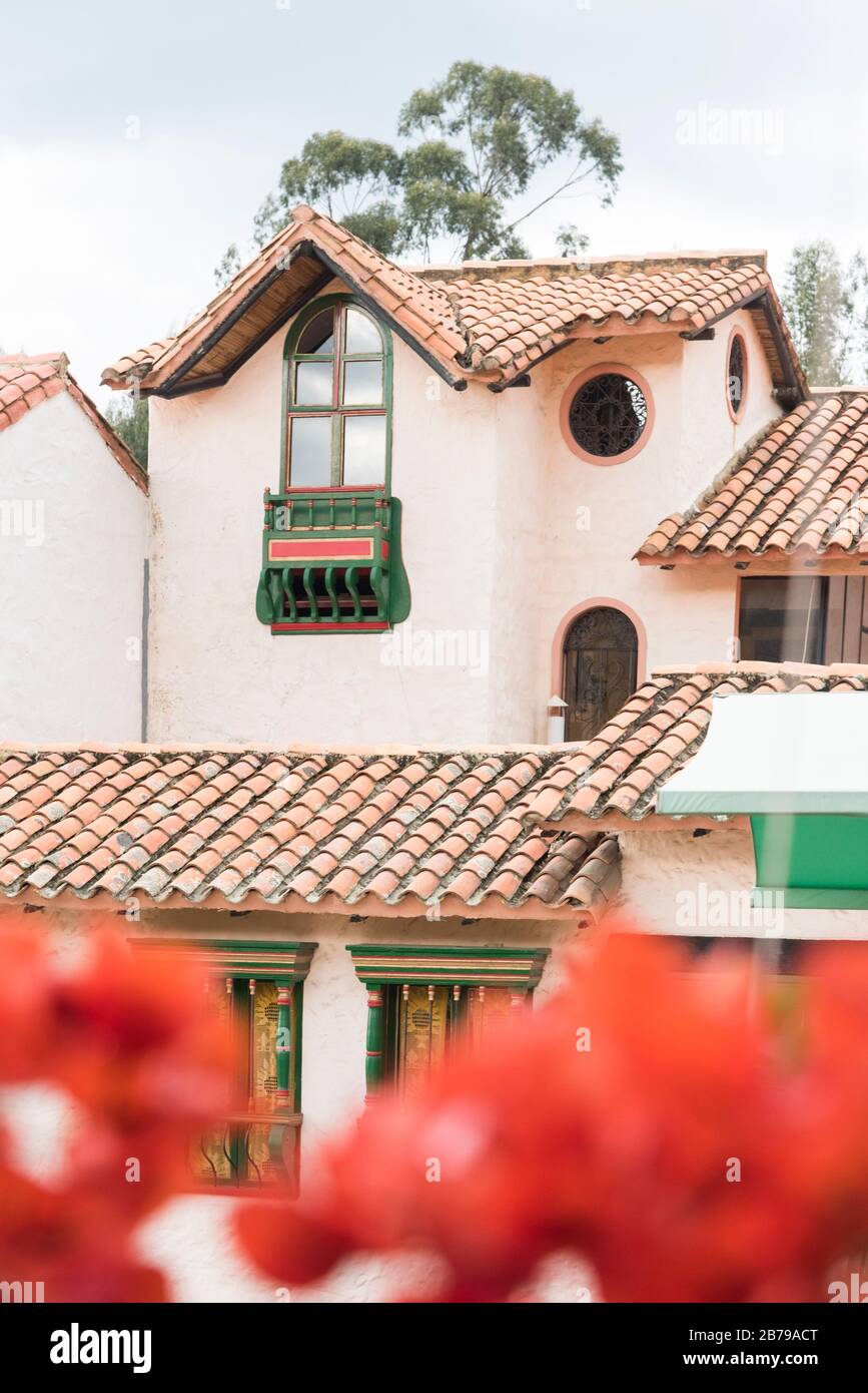 Duitama, Boyaca / Colombia; April 9, 2018: Beautiful house in Pueblito Boyacense, a picturesque tourist spot with quiet streets and traditional facade Stock Photo