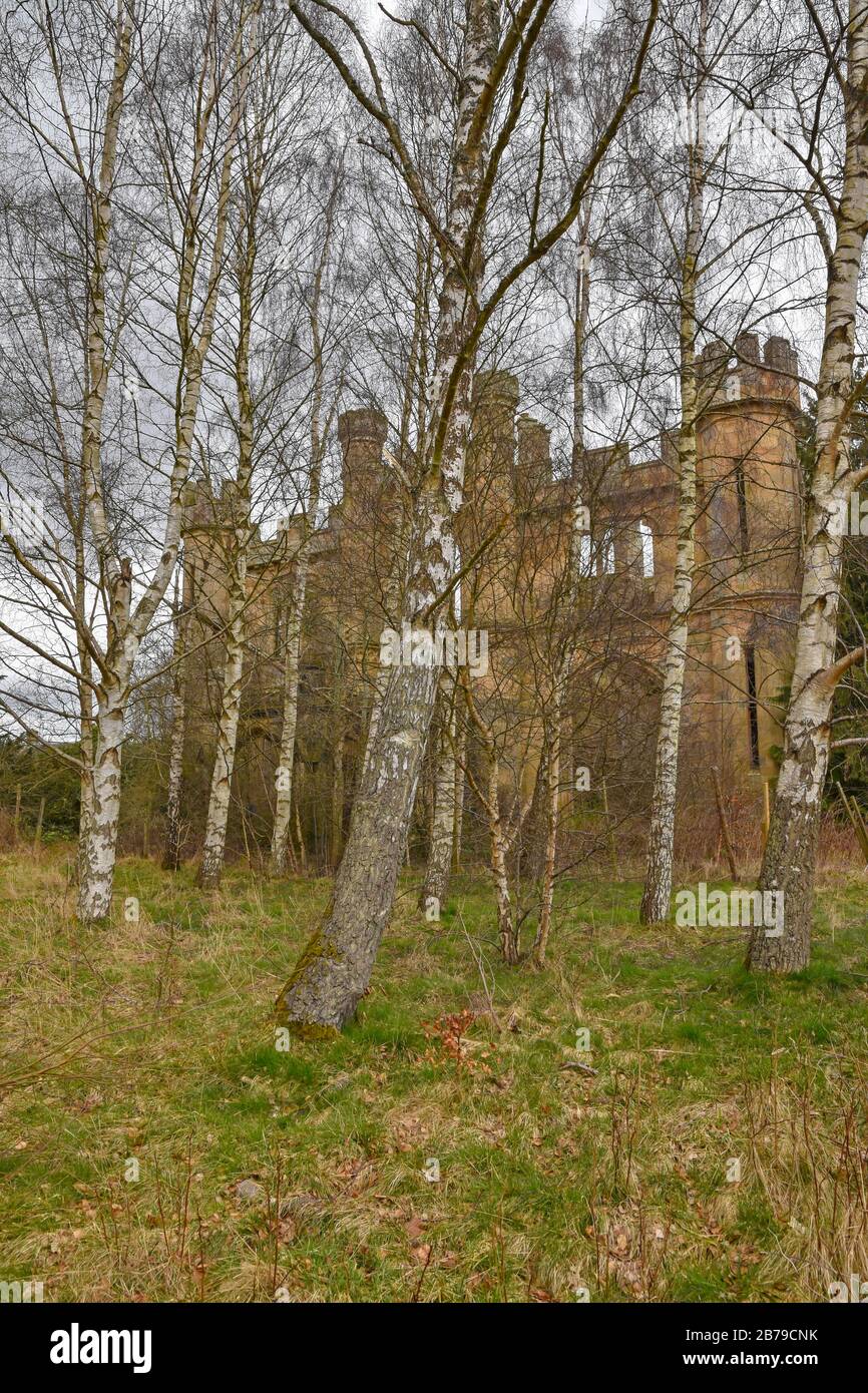 Abandoned and derelict Crawford Priory near Cupar, Fife, Scotland, UK. This is an old gothic style mansion. Stock Photo
