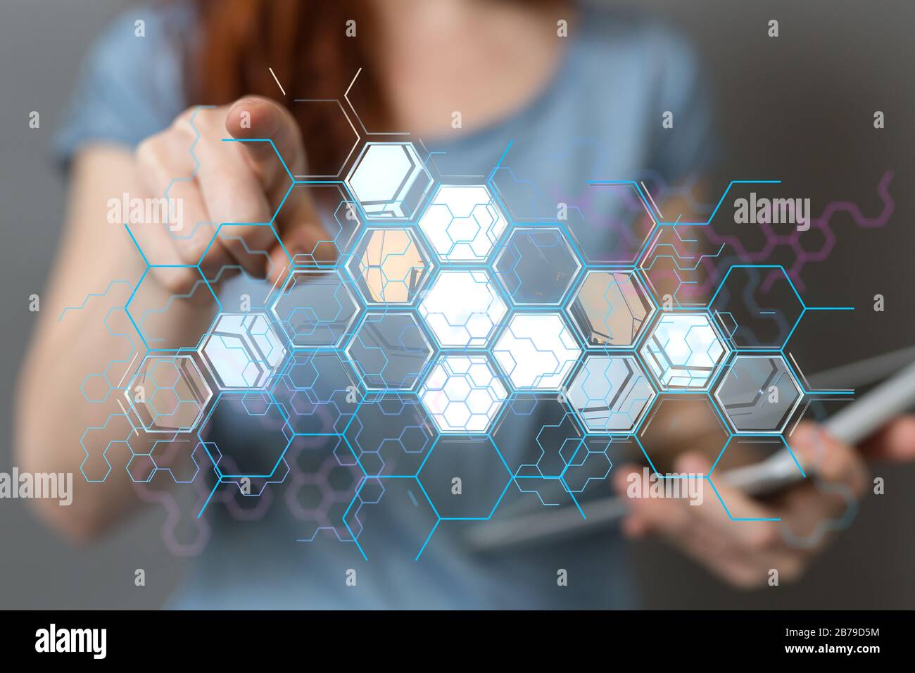 Internet network concept. Woman clicking virtual net graphics depicting ...