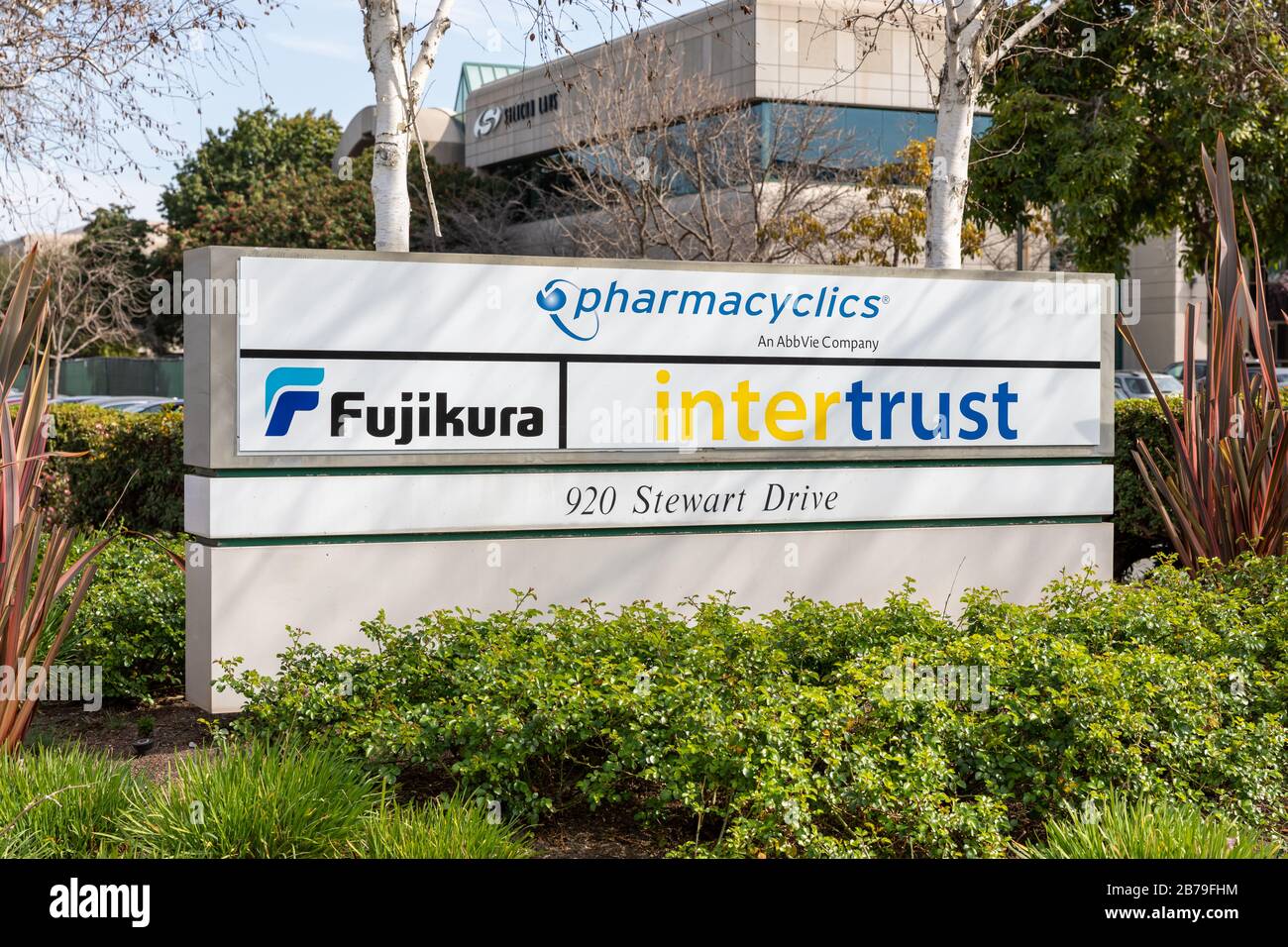 Pharmacyclics, Fujikura, Intertrust, sign on Stewart Drive, Sunnyvale, California, USA Stock Photo