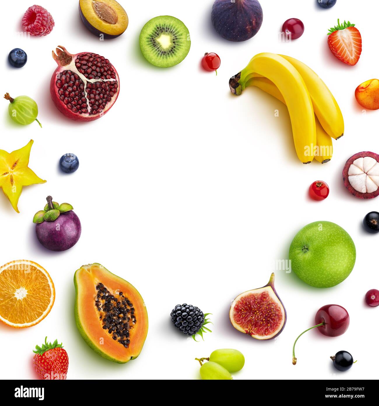 Frame made of different fruits and berries, flat lay, top view Stock Photo