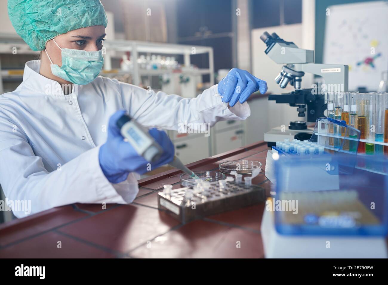 scientict in lab analysis of new corona virus, clinic laboratory chemical research of infection. Covid-19 concept. Stock Photo