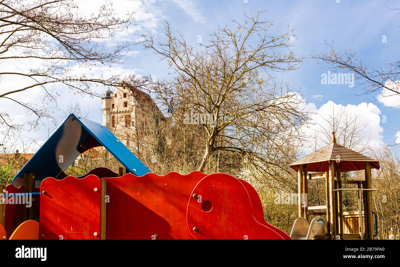 Playground under the castle. Three towers. City park in Germany. Recreational areas. Stock Photo