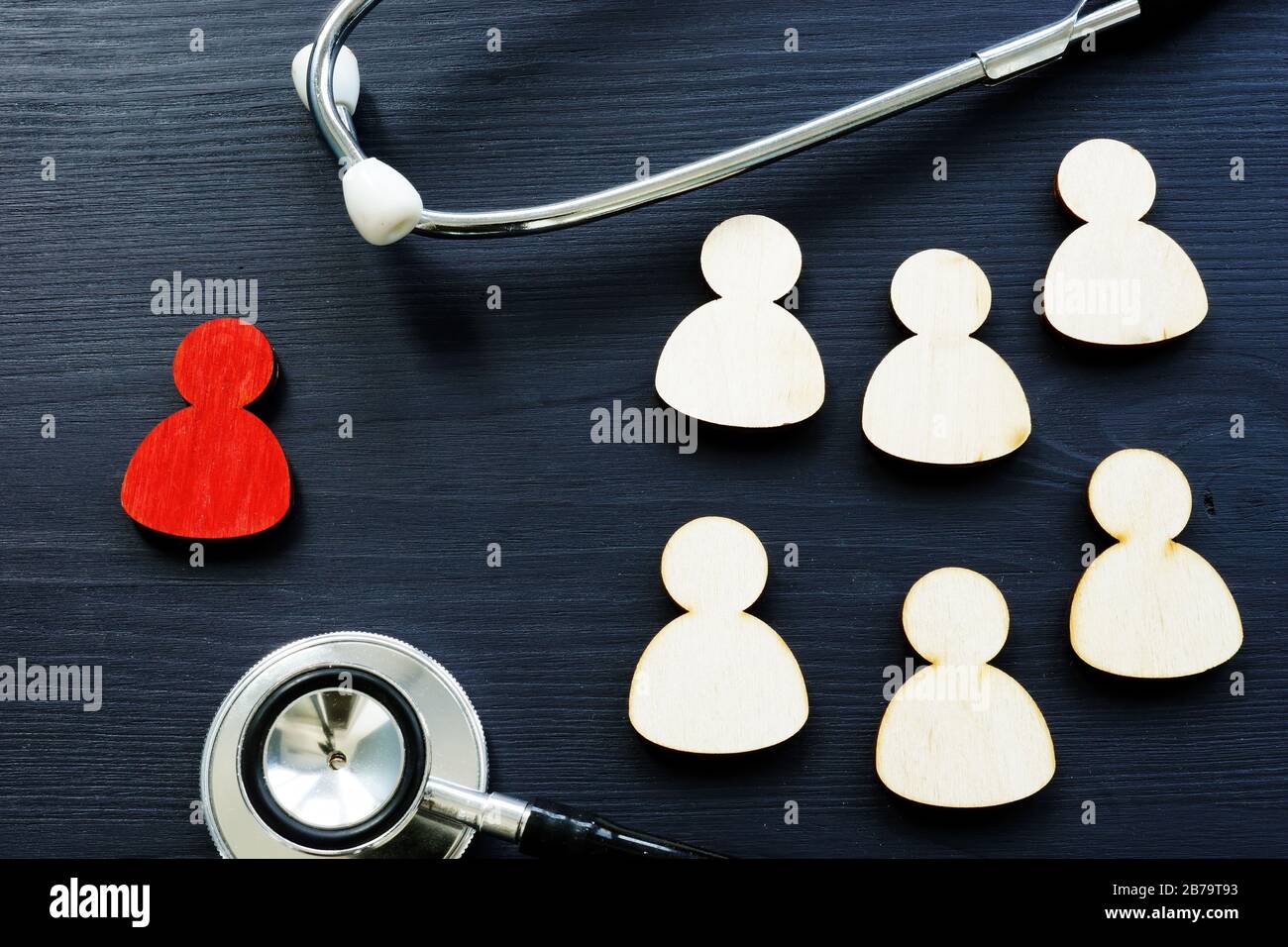 Stethoscope and a symbol of an infected patient. Spread of the epidemic of coronavirus and quarantine. Stock Photo