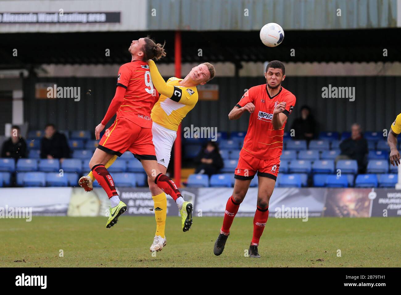 ALFRETON, ENGLAND - MARCH 14TH Brackley Town's Gareth Dean wins the head challengeduring the Vanarama National League North match between Alfreton Town and Brackley Town at North Street, Alfreton on Saturday 14th March 2020. (Credit: Leila Coker | MI News) Photograph may only be used for newspaper and/or magazine editorial purposes, license required for commercial use Credit: MI News & Sport /Alamy Live News Stock Photo