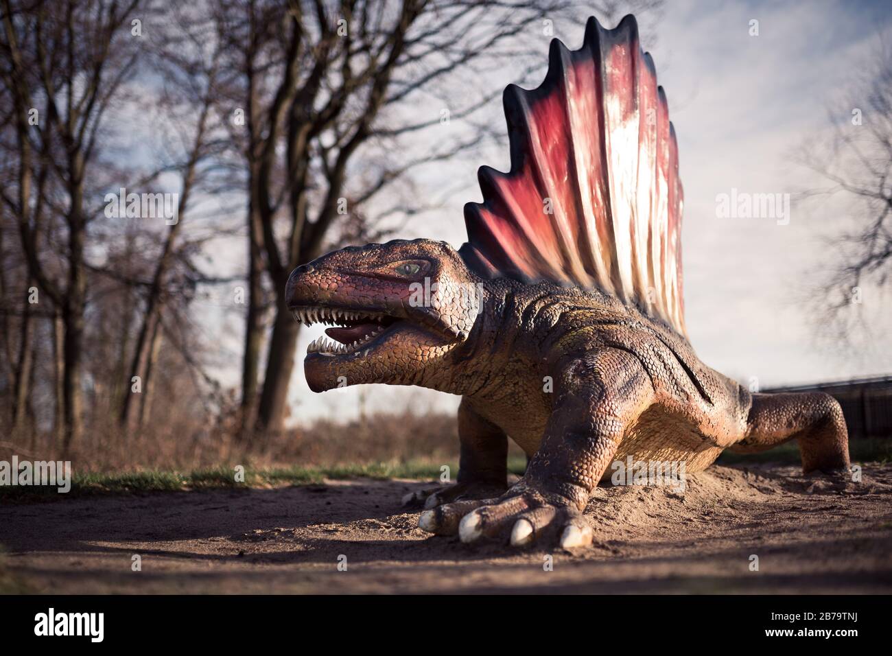 LUBIN, POLAND - DECEMBER 11, 2017 - Realistic model of dinosaur Dimetrodon angelensis in Park Wroclawski. Park is well known tourist attraction for ch Stock Photo
