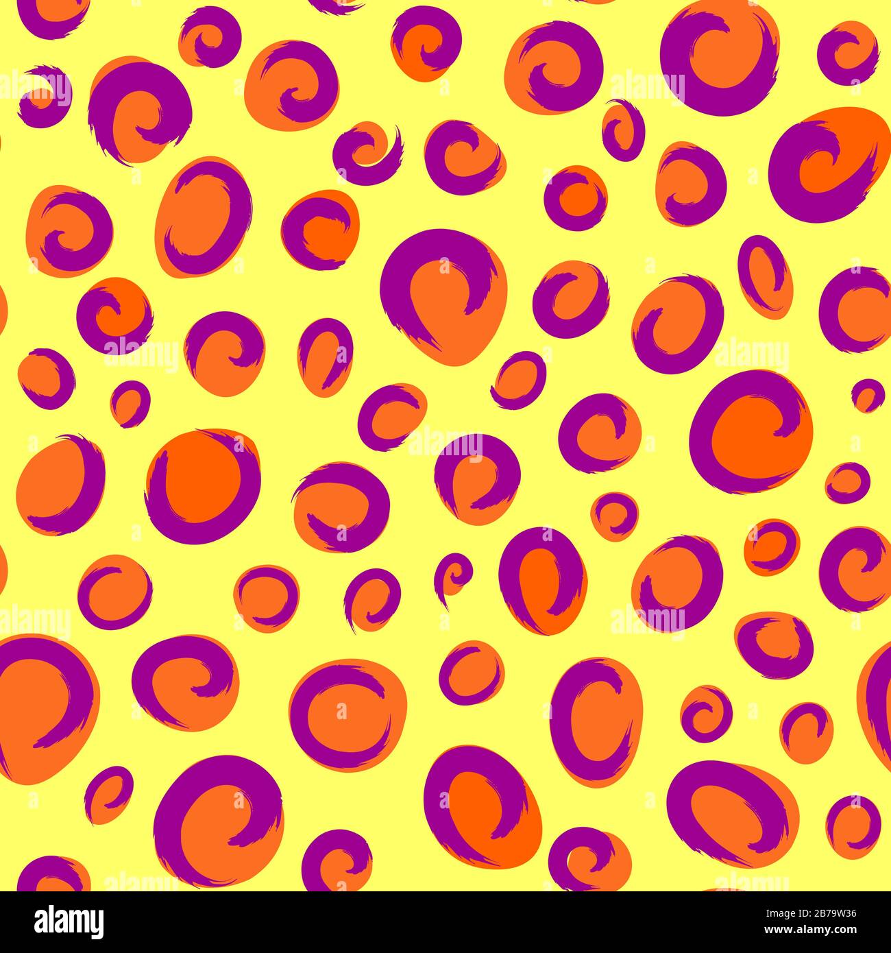 Animal inspired print neon orange spots and purple textured tails like elements on bright yellow contrasting background seamless surface pattern. Stock Vector