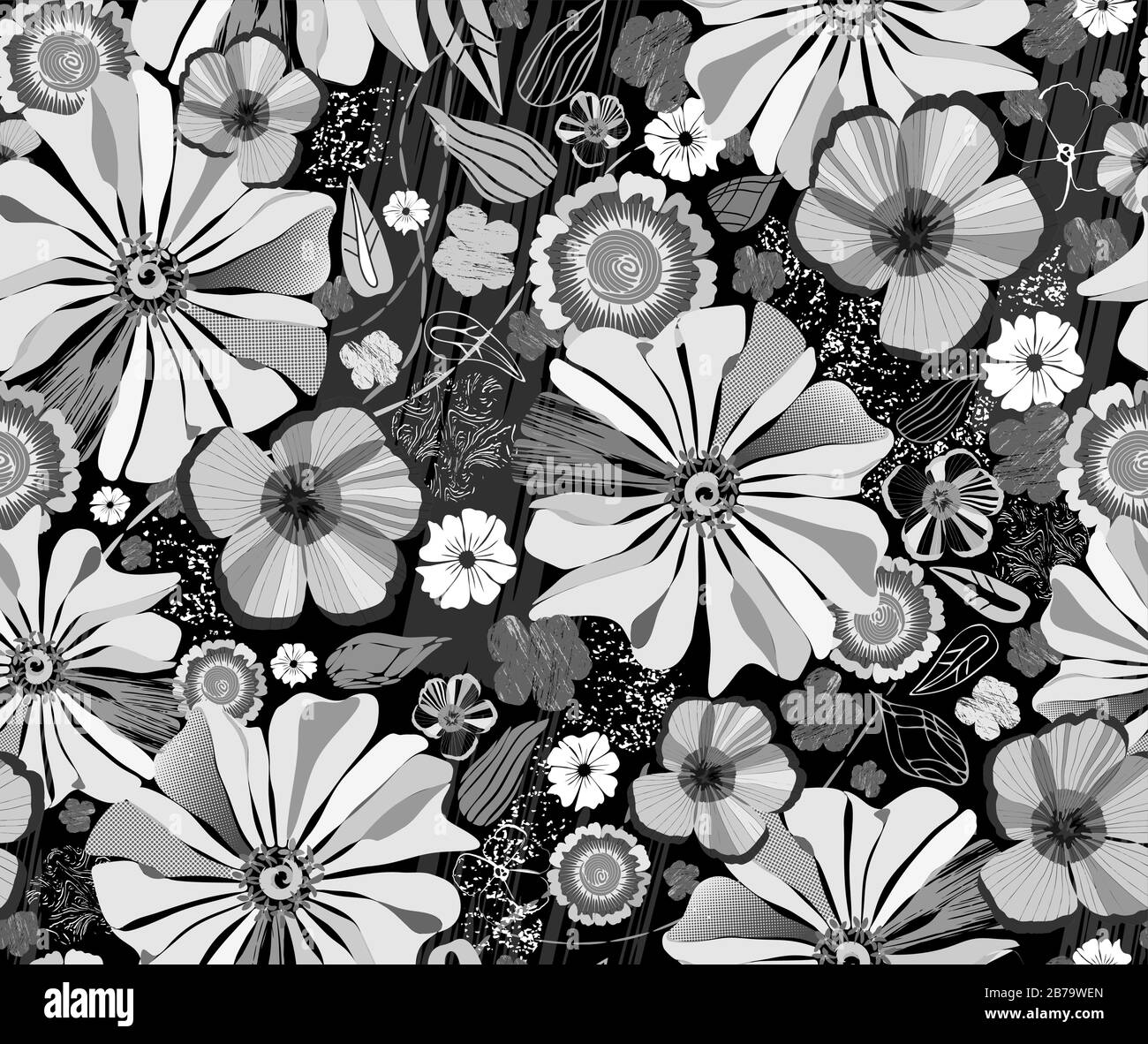 Monochromatic black & white vector repeating pattern with stylized garden flowers and texture elements. For a curtain panel, bedding, fashionwear. Stock Vector